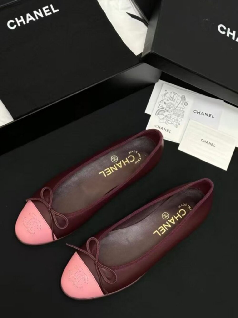CHANEL Two‑Tone Lambskin Burgundy Pink Round‑Toe Ballet Flats